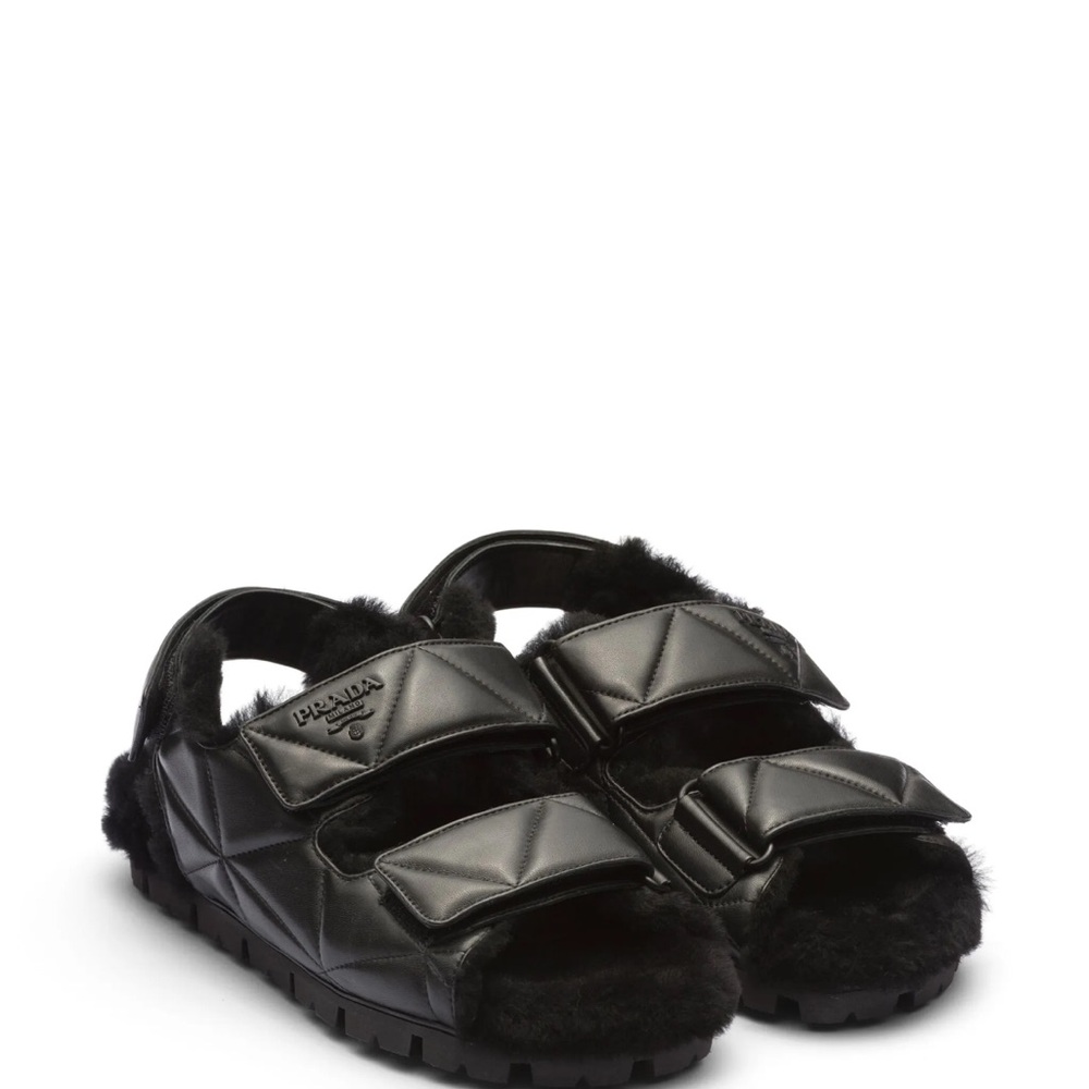 Prada Black Quilted Sandals with Fur Lining size 7